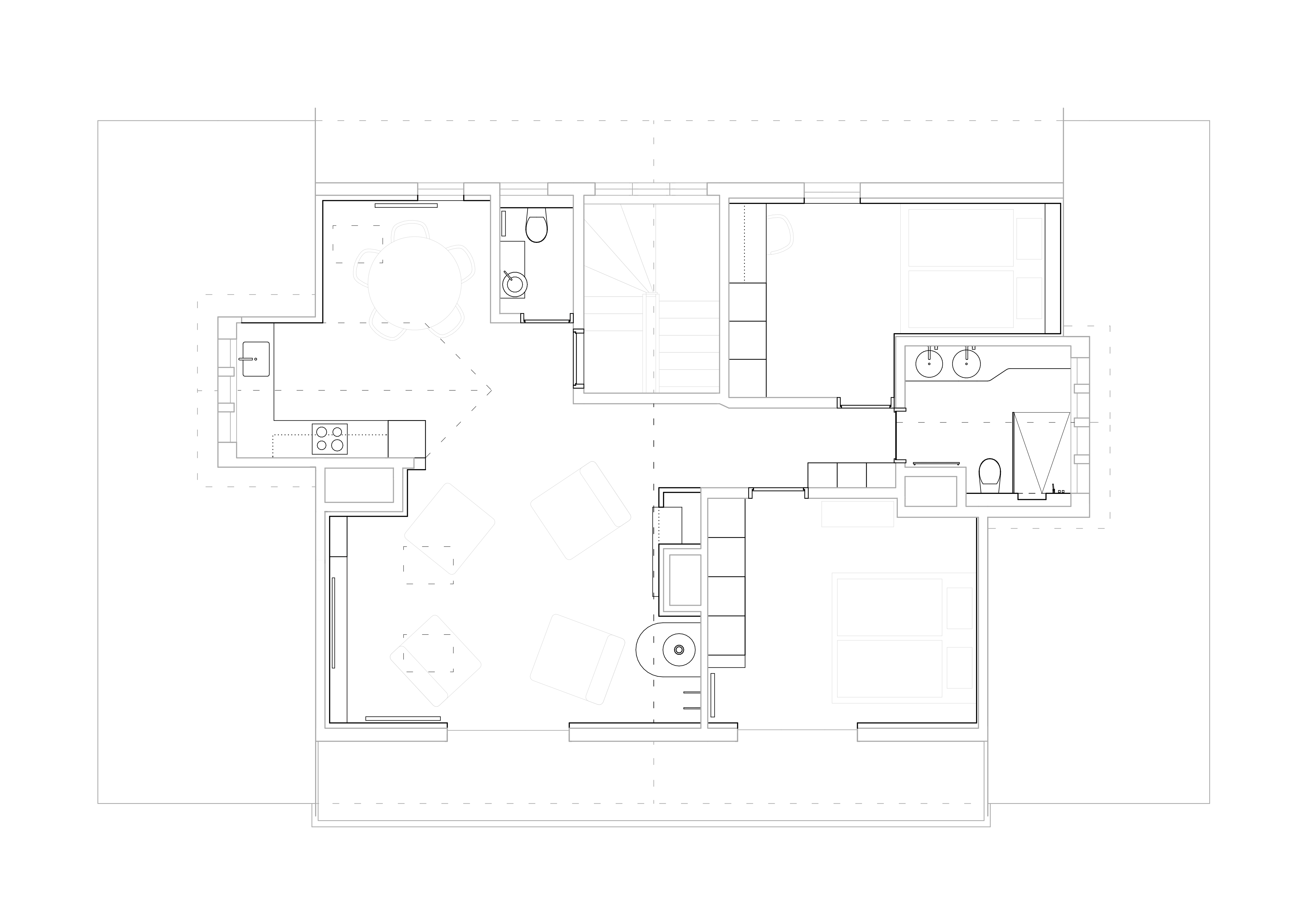 Floor plan of a modern home featuring a kitchen, living area, dining space, stairs, two bedrooms, and multiple bathrooms.