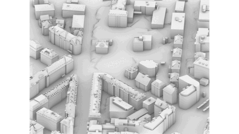 在城市地块上模块化预制建筑物的3D可视化，显示了各种高度。