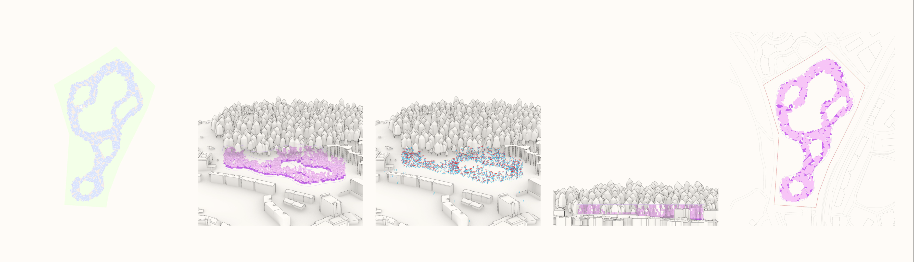 自動化されたアルゴリズム生成プロセスを示す一連の建築イラスト。フロアプラン、軸索構造、ファサード、およびサイト計画を示し、最初の抽象的な形状から詳細な建物表現に進化します。