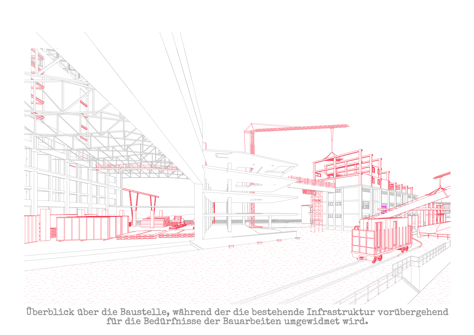 既存のインフラストラクチャが建設作業のニーズに合わせて一時的に再利用される建設現場の概要、賢明で段階的なアプローチを実証しています。