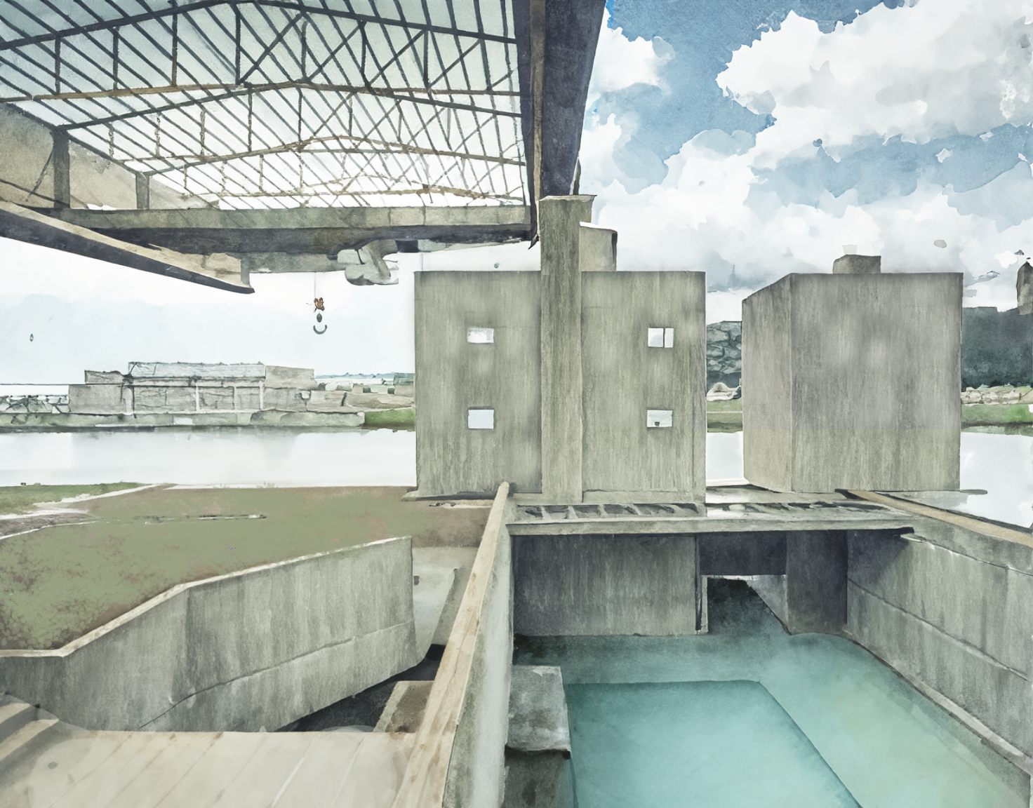 大きなガラスの屋根構造を備えた近代的なコンクリートの建物の複合施設の建築水彩レンダリング、屋外の緑地と曇りの空の下に穏やかな水の特徴が展示されています。